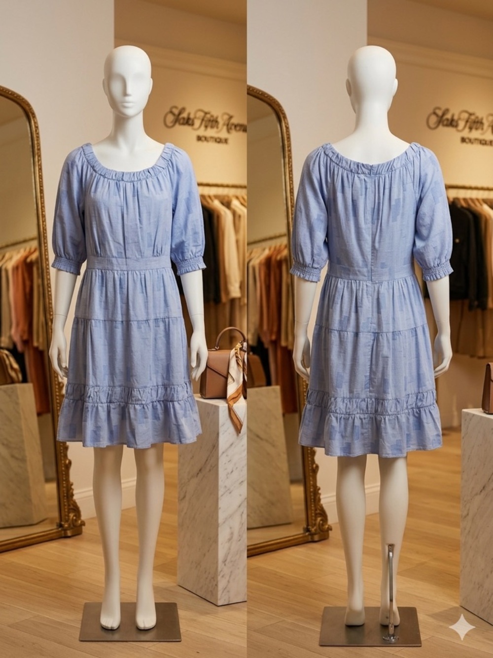 DKNY Light Blue Tiered Puff-Sleeve Midi Dress